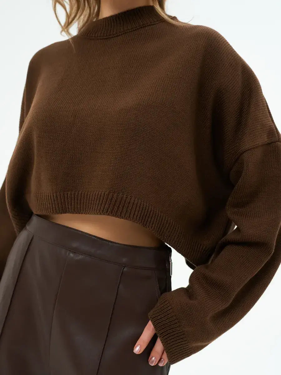 Mocha Sweater by Lauven - Cropped oversized knit in rich brown for women, combining comfort and contemporary style.
