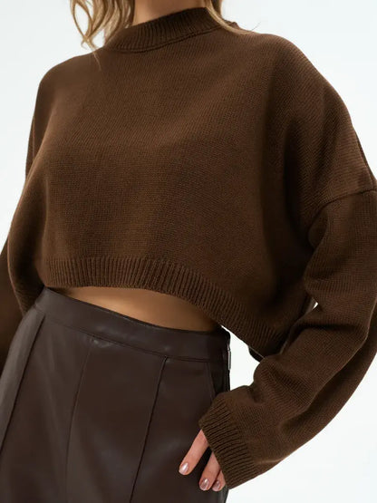 Mocha Sweater by Lauven - Cropped oversized knit in rich brown for women, combining comfort and contemporary style.
