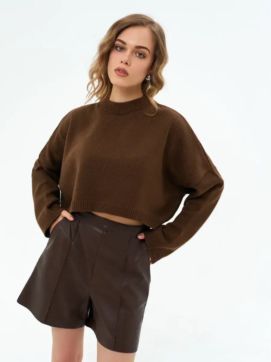 Mocha Sweater by Lauven, chic cropped oversized knit in rich brown, perfect for contemporary fashion.