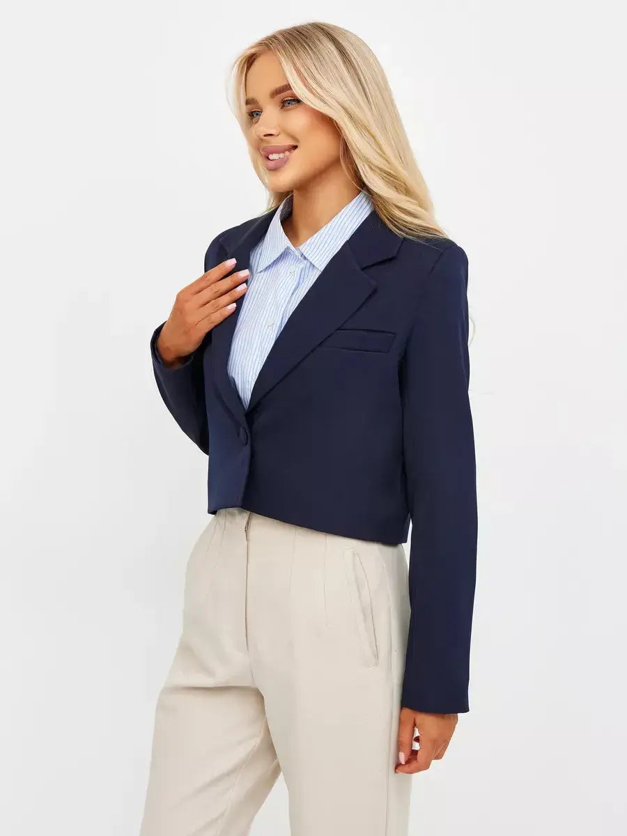 Navy Blazer by Lauven, cropped tailored design, offering classic elegance and sophisticated style.