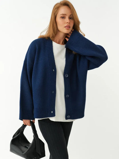 Lauven Navy Cardigan - Cozy oversized knitwear featuring button closure and rich navy blue hue for stylish layering.