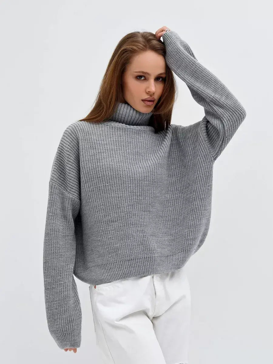 Nimbus Pullover - Oversized light gray knit sweater by Lauven featuring a high neck for stylish comfort.