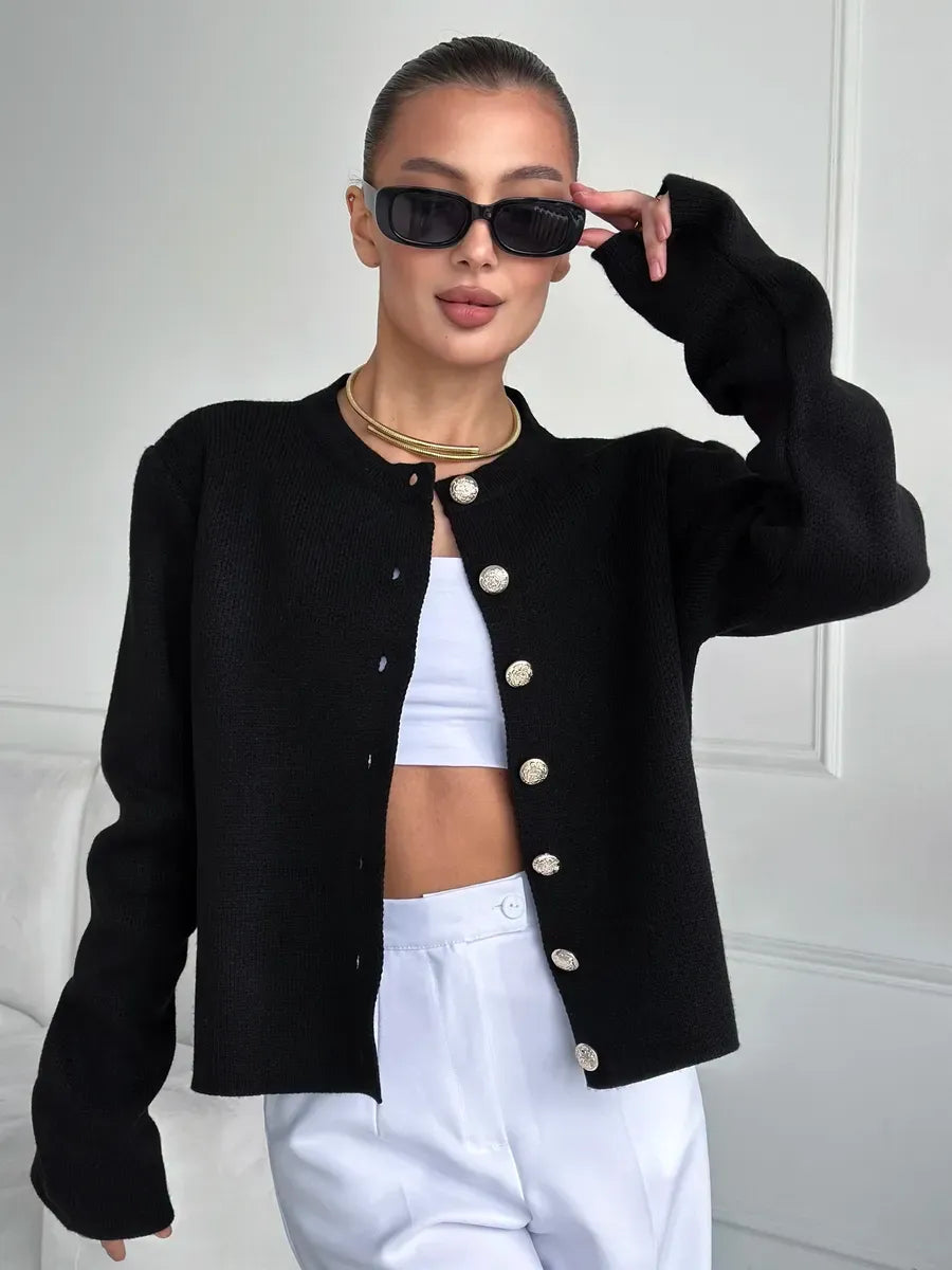 Noir Cardigan by Lauven - Elegant cropped black knitwear with stylish button details.