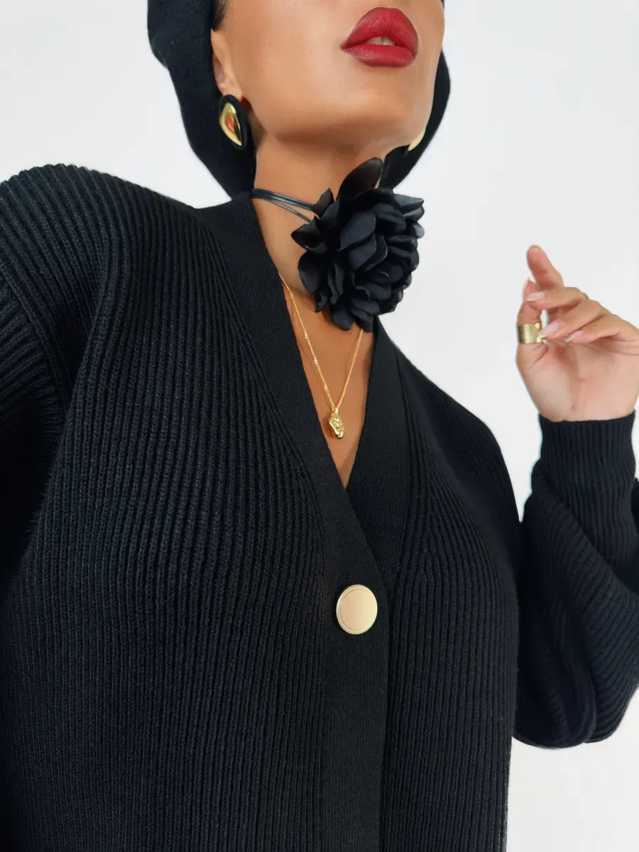 Noir Cardigan by Lauven, a longline oversized black knit with statement buttons for modern sophistication.