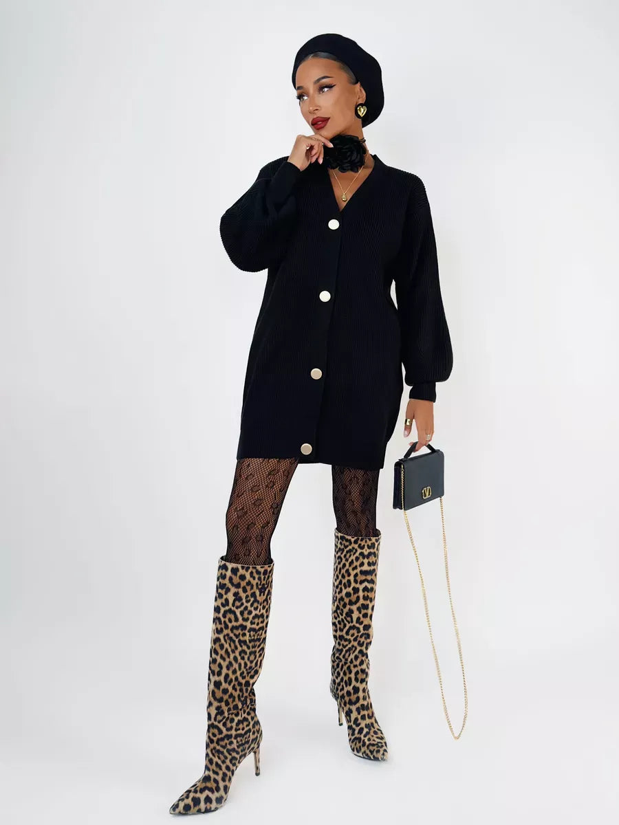 Noir Cardigan by Lauven - Longline oversized black knit with statement buttons and chic animal print boots.