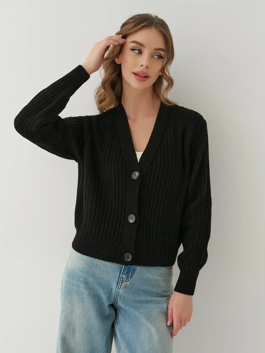 Noir Cardigan by Lauven, oversized cropped knitwear in black featuring button front and ribbed texture.