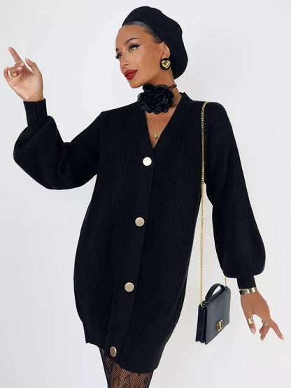Noir Cardigan by Lauven — Black oversized knit with statement buttons and stylish accessories.