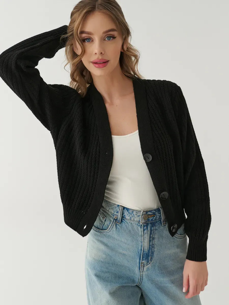 Noir Cardigan by Lauven, oversized cropped black knitwear, stylish women's fashion.