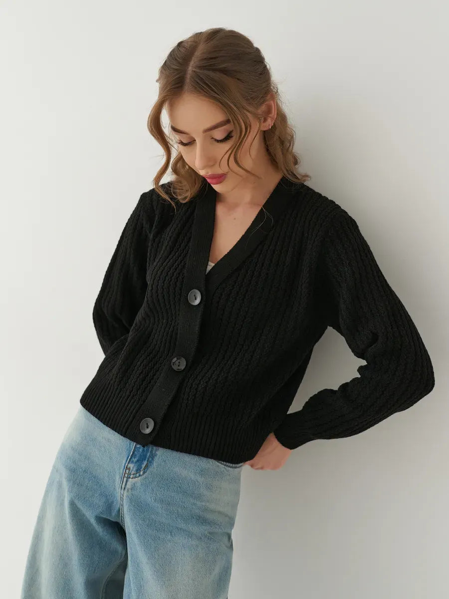 Noir Cardigan by Lauven, oversized cropped knitwear in black, featuring a stylish button closure and relaxed fit.