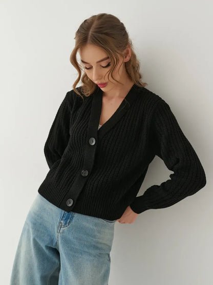 Noir Cardigan by Lauven, oversized cropped knitwear in black, featuring a stylish button closure and relaxed fit.