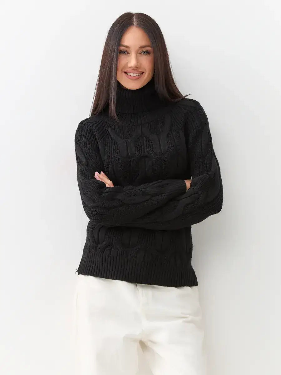 Noir Knitwear by Lauven - Women’s wool-blend turtleneck sweater with chunky cable-knit design for stylish warmth.