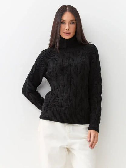 Noir Knitwear by Lauven: Women's black wool-blend turtleneck sweater with chunky cable-knit design.