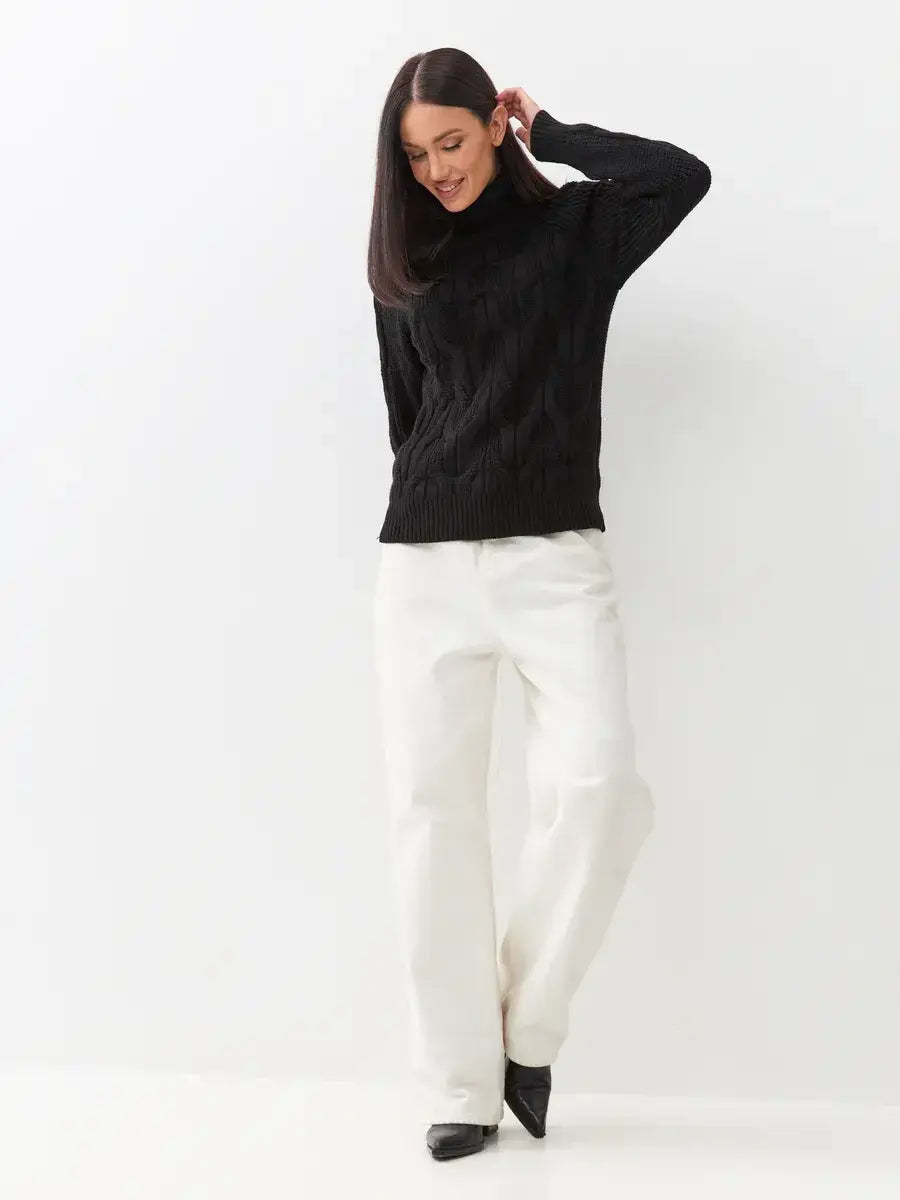 Noir Knitwear by Lauven – Women's wool-blend turtleneck sweater in black, featuring a chunky cable-knit design.