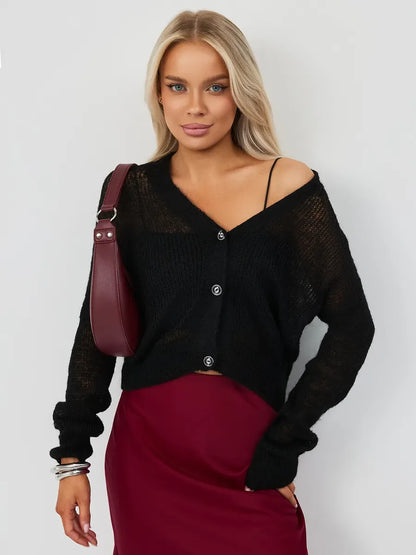 Noir Luxe Cardigan by Lauven, oversized black mohair-blend knitwear with cropped silhouette and dropped shoulders.