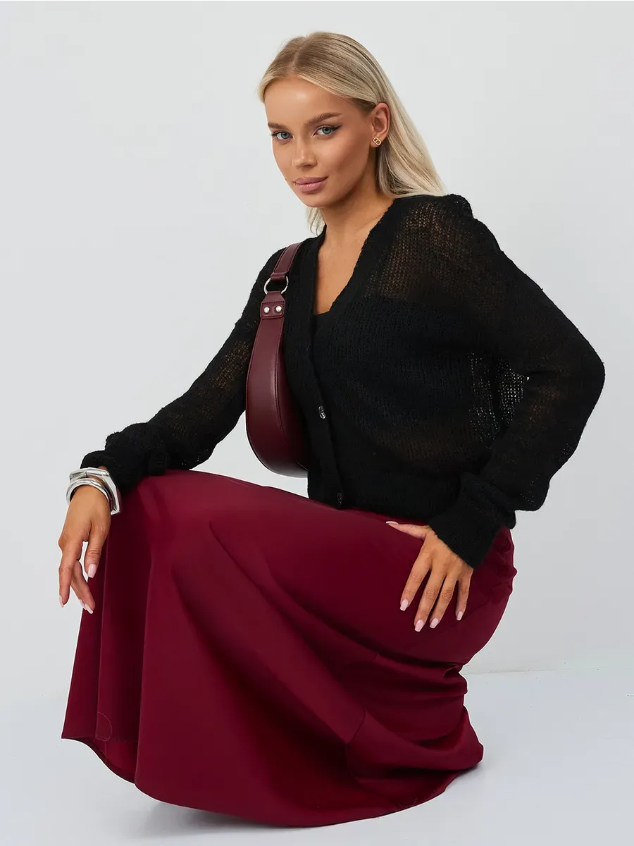 Noir Luxe Cardigan by Lauven - Oversized mohair-blend knitwear in elegant black worn with a burgundy skirt.
