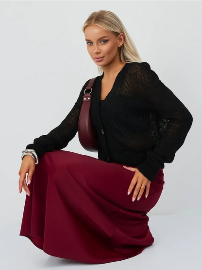 Noir Luxe Cardigan by Lauven - Oversized mohair-blend knitwear in elegant black worn with a burgundy skirt.