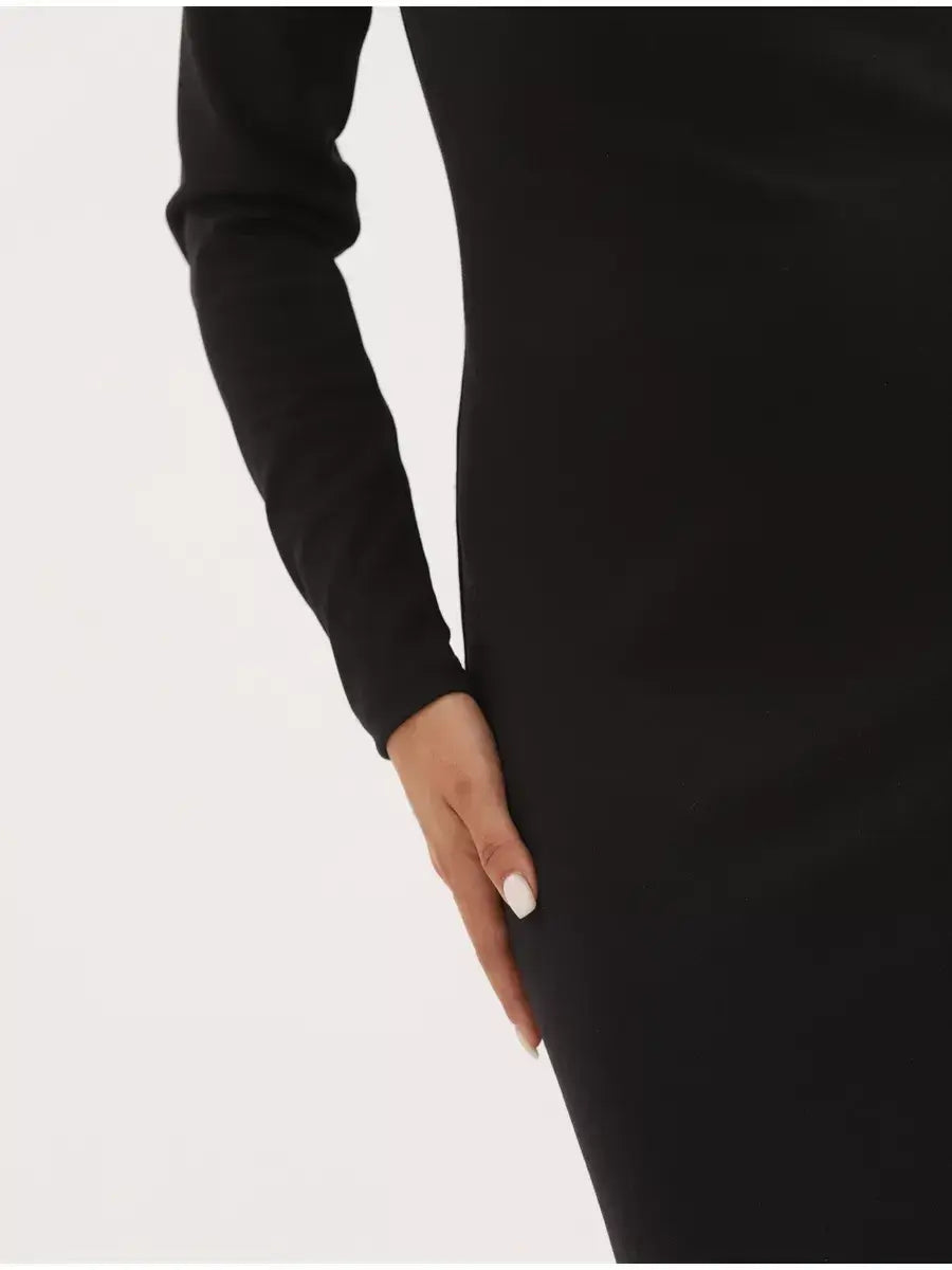 Lauven Noir Midi Dress showcasing sleek black bodycon fit with stylish long sleeves and side pocket detail.