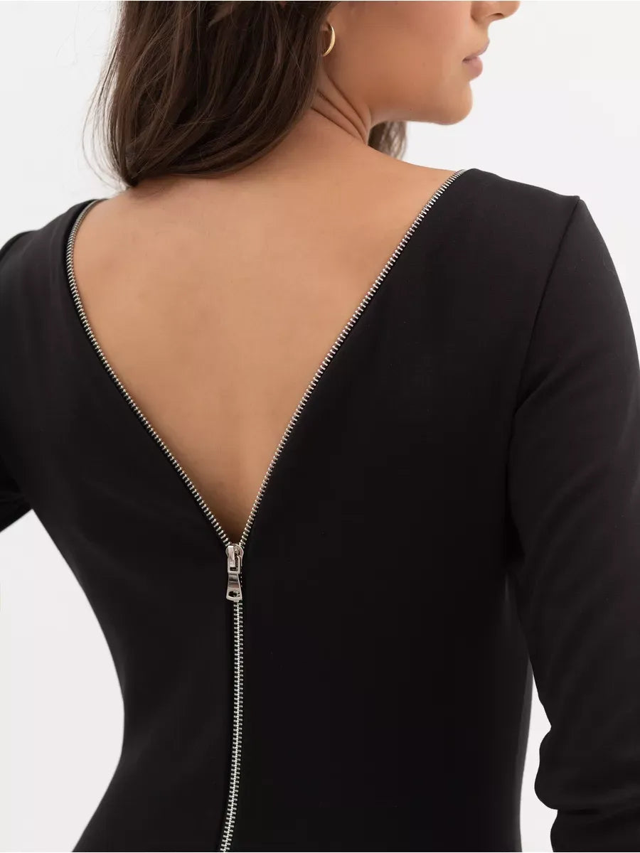 Noir Midi Dress by Lauven showcasing a sleek back design with zipper detail and elegant cut.