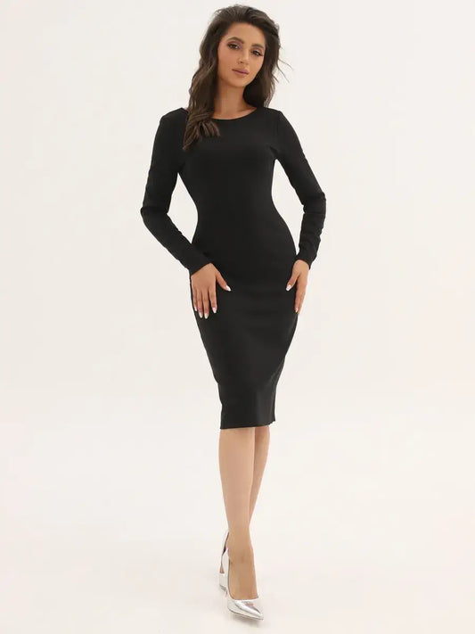Noir Midi Dress by Lauven featuring a sleek black bodycon fit and elegant design for versatile occasions.