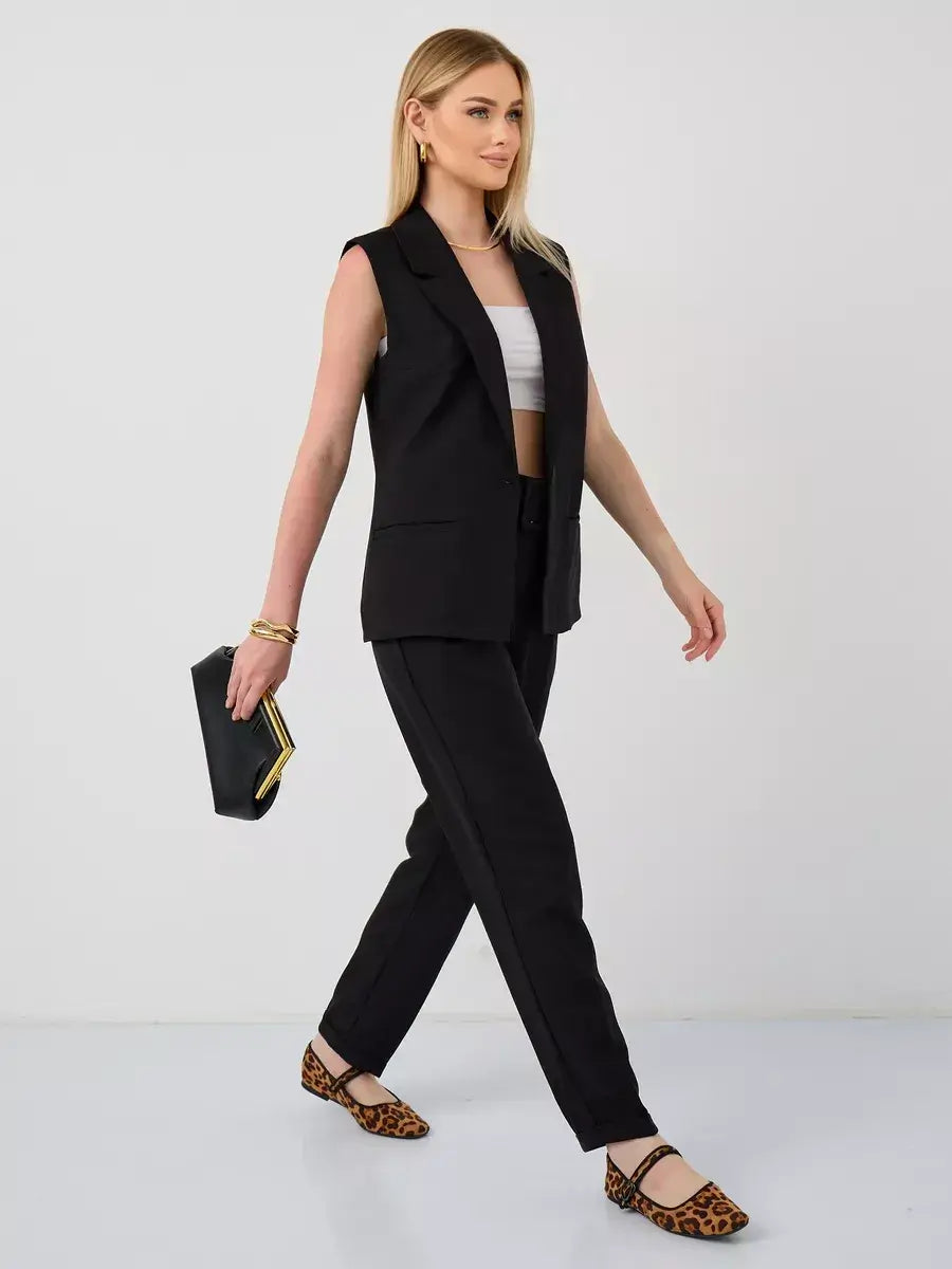 Noir Suit Set by Lauven – Sleeveless black vest and high-waist pants outfit for modern women.