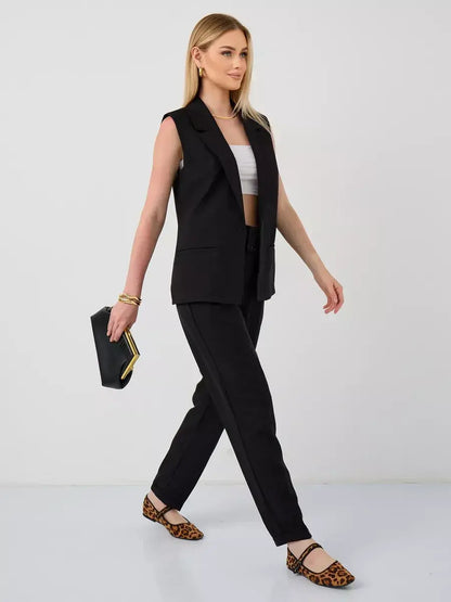 Noir Suit Set by Lauven – Sleeveless black vest and high-waist pants outfit for modern women.