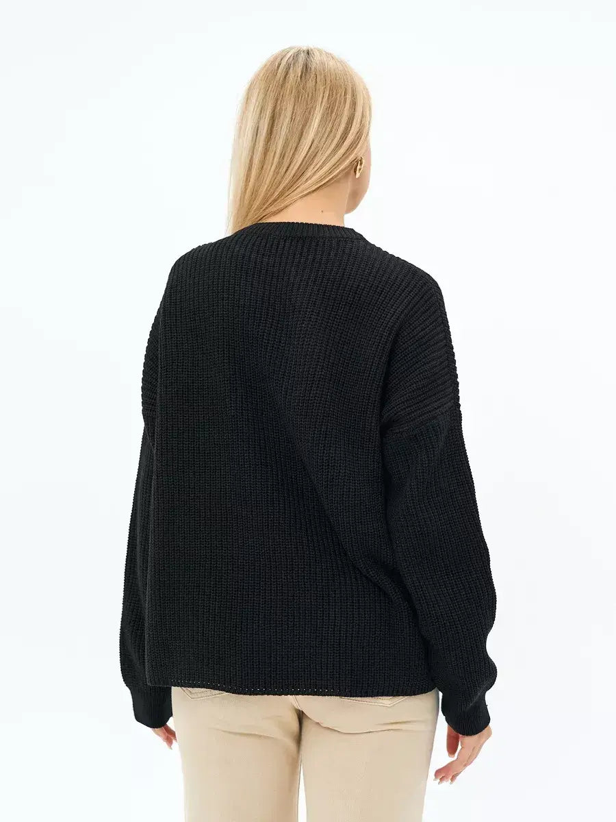 Noir Sweater by Lauven, elegant oversized knit in classic black, showcasing cozy warmth and refined style from the back.