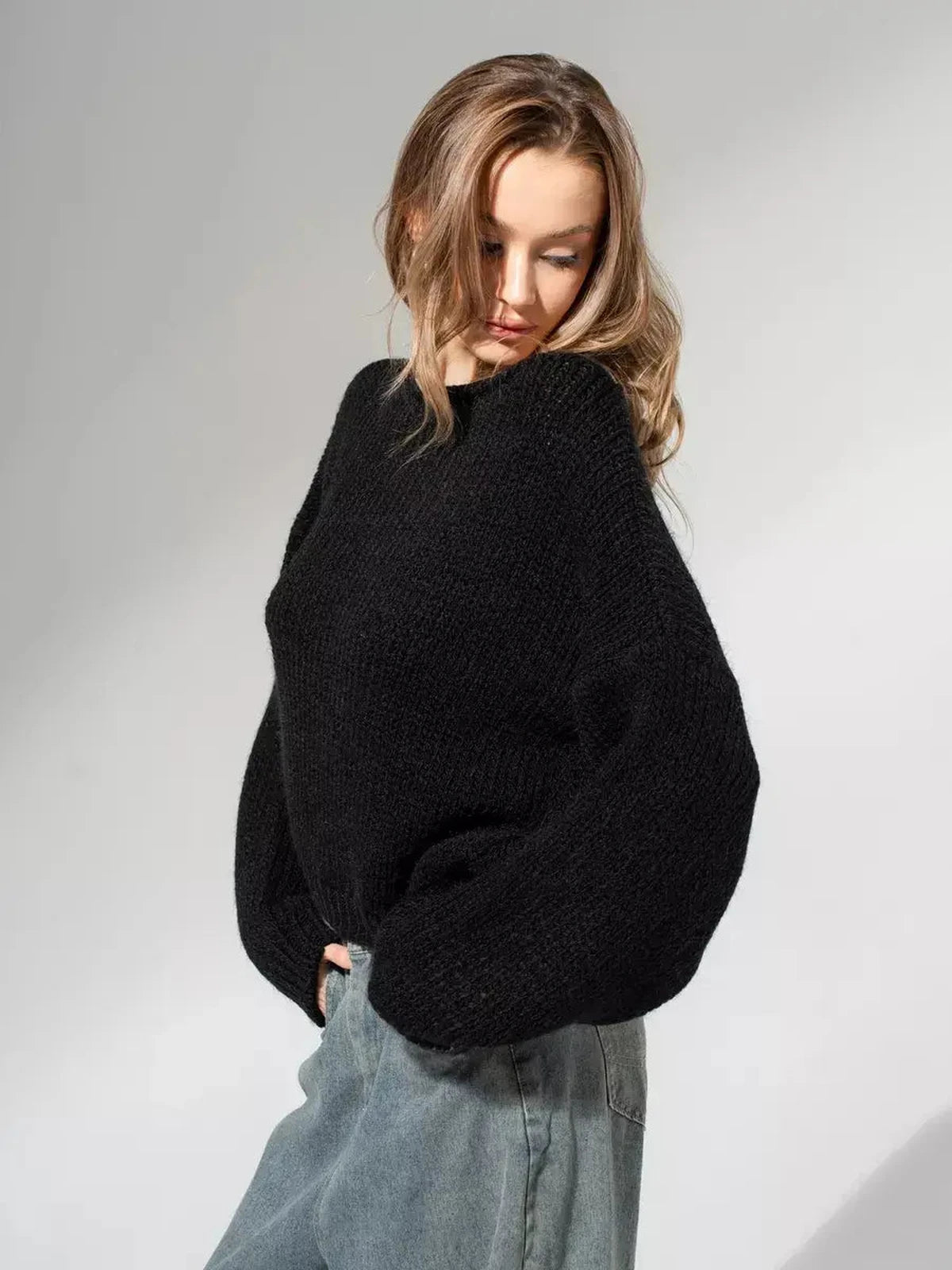 Noir Sweater by Lauven — Oversized off-shoulder knit in classic black, perfect for layering.