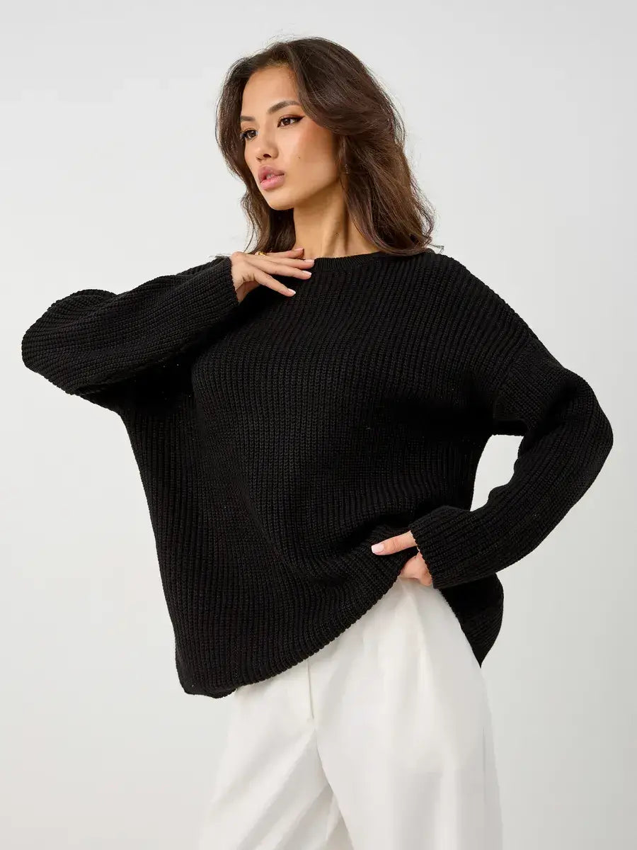 Nola Sweater by Lauven, oversized black knit pullover with crew neck and chunky ribbed texture.