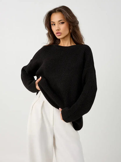 Nola Sweater by Lauven - Oversized black knit crew neck pullover for women, perfect for colder seasons.