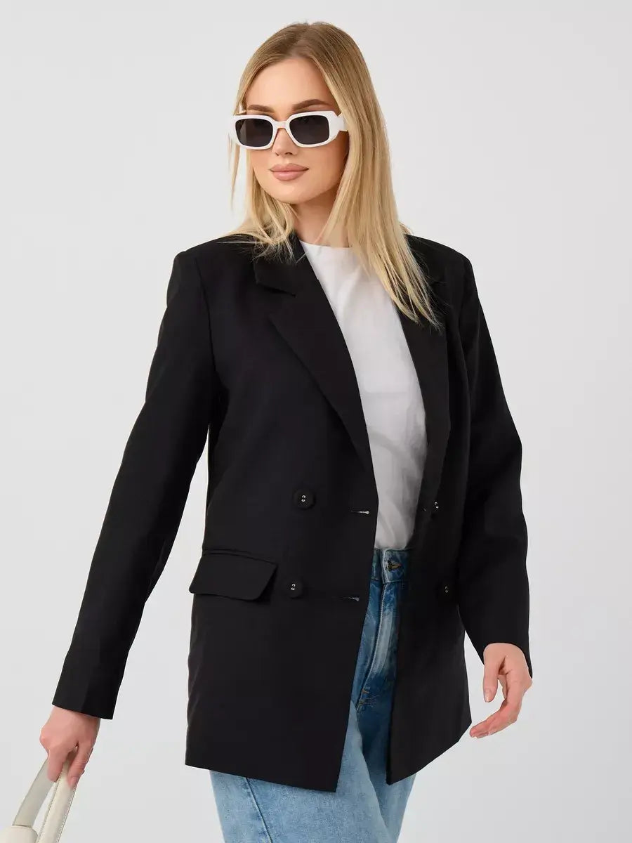 Nova Blazer by Lauven, oversized black double-breasted women’s blazer, perfect for stylish occasions.