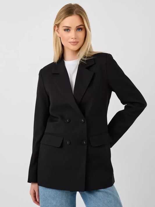 Nova Blazer by Lauven, a sleek oversized black double-breasted women's blazer for a sophisticated look.