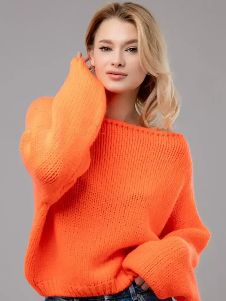 Nova Sweater by Lauven - Oversized off-shoulder knit in vibrant neon orange.