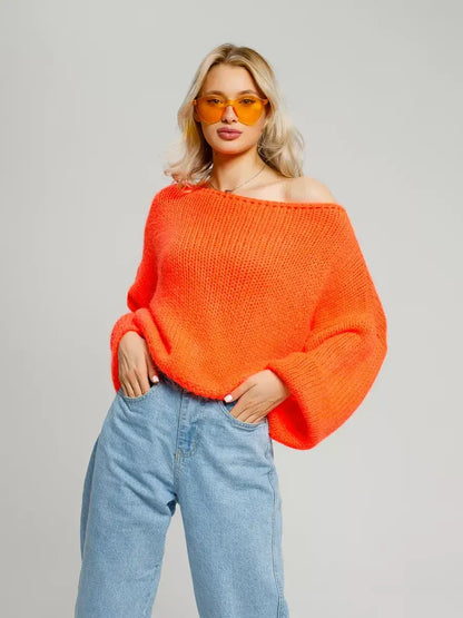 Nova Sweater by Lauven — Oversized Off-Shoulder Knit in Neon Orange for a bold and stylish look.