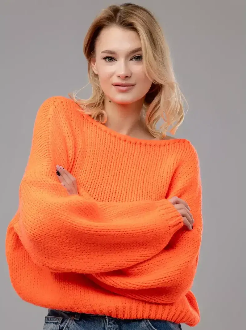 Nova Sweater by Lauven - Oversized Off-Shoulder Knit in Neon Orange, perfect for a stylish wardrobe statement.