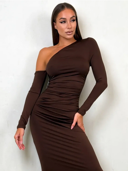Obsidian Curve Maxi Dress in chocolate brown, featuring one-shoulder elegance and a body-hugging silhouette.