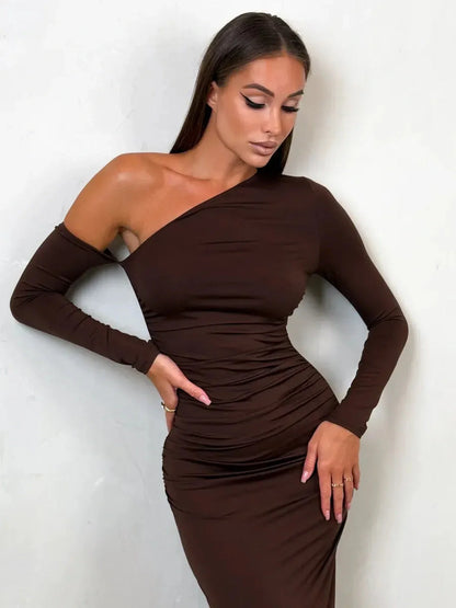 Obsidian Curve Maxi Dress in chocolate-brown with one-shoulder design, perfect for evening wear and formal occasions.