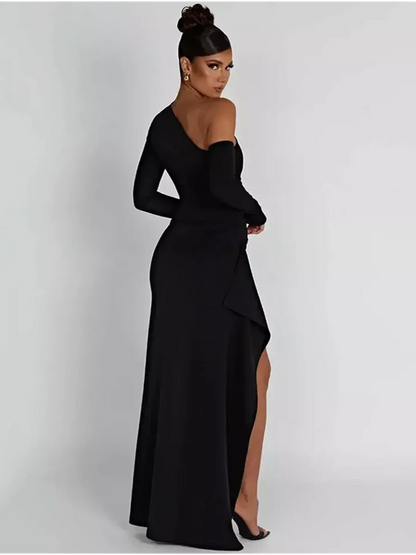 Obsidian Grace Maxi Dress showcasing an elegant one-shoulder design with a daring thigh-high slit.
