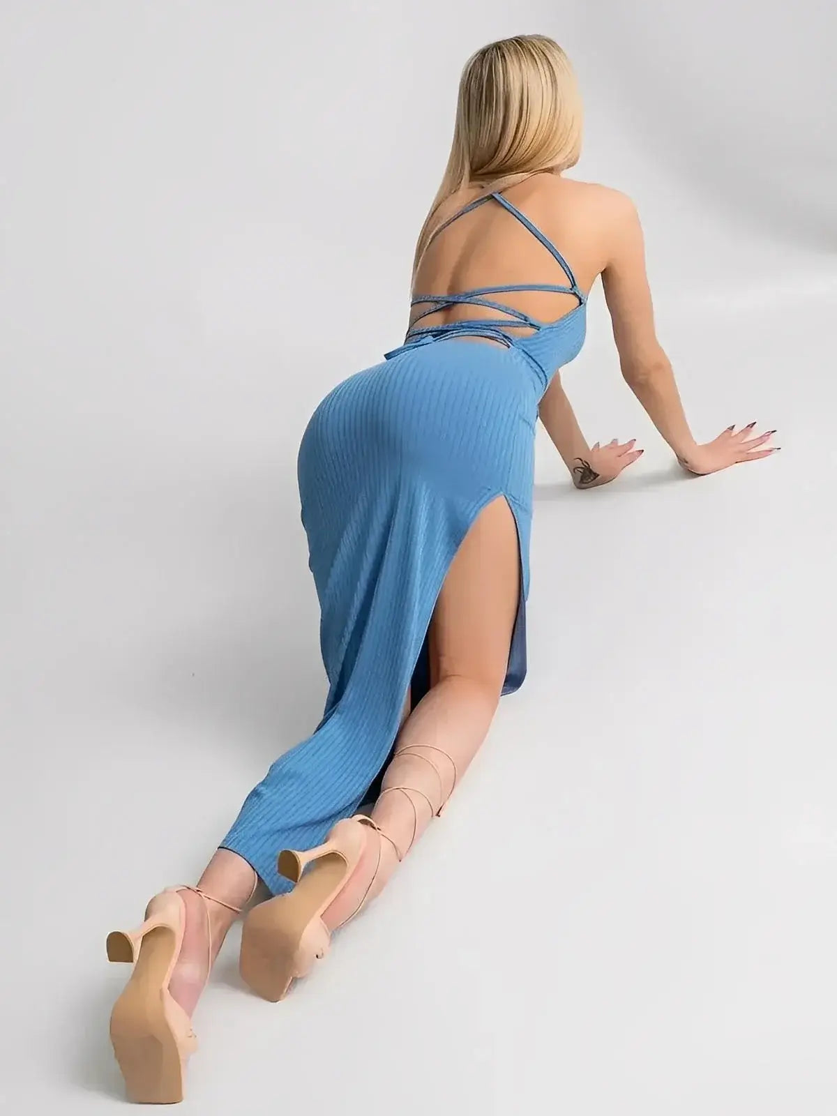 Ocean Lace Midi Dress by Lauven, showcasing ribbed knit fabric and a chic side slit.