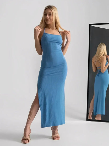 Ocean Lace Midi Dress by Lauven featuring ribbed knit, square neckline, and lace-up back design.