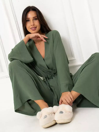 Olive Suit Set by Lauven, featuring an elegant oversized two-piece set in soft green with wide-leg trousers.