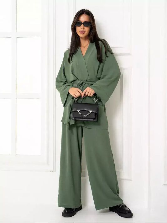 Olive Suit Set by Lauven featuring an elegant oversized two-piece set in soft green with wide-leg trousers.
