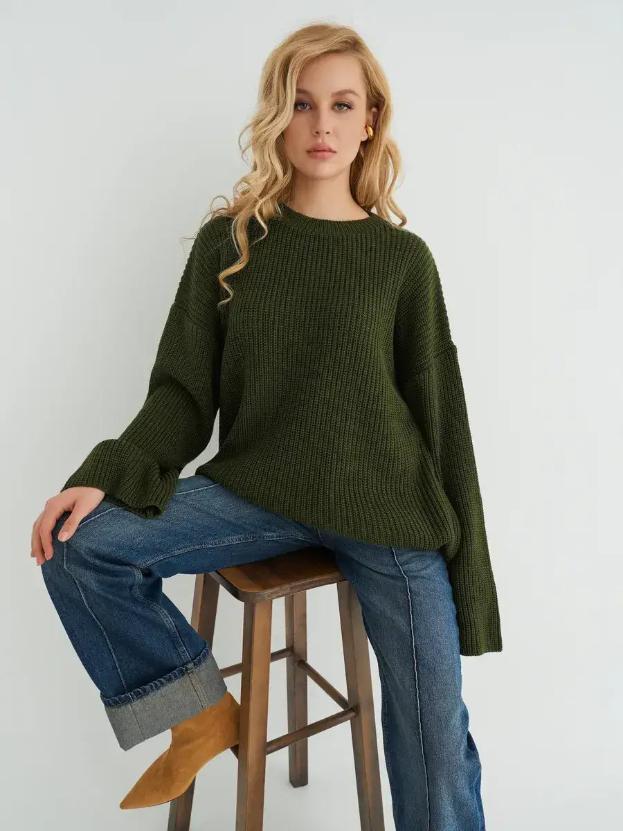 Olive Sweater by Lauven featuring oversized knit in deep khaki, offering cozy style and modern minimalism.