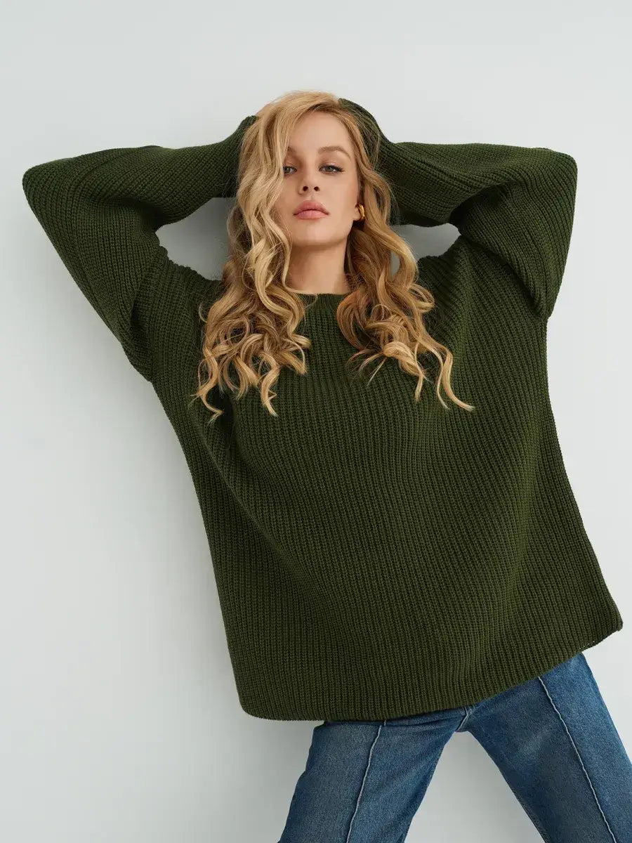 Olive Sweater by Lauven, oversized knit in deep khaki with ribbed texture and relaxed fit.