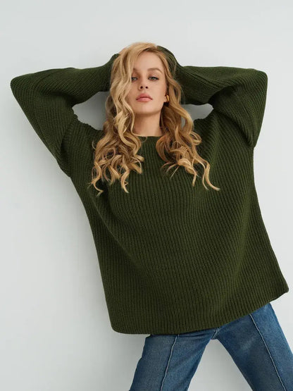Olive Sweater by Lauven, oversized knit in deep khaki with ribbed texture and relaxed fit.