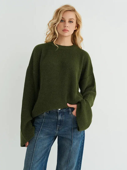 Olive Sweater by Lauven - Oversized knit in deep khaki, featuring ribbed texture and wide sleeves for a cozy look.