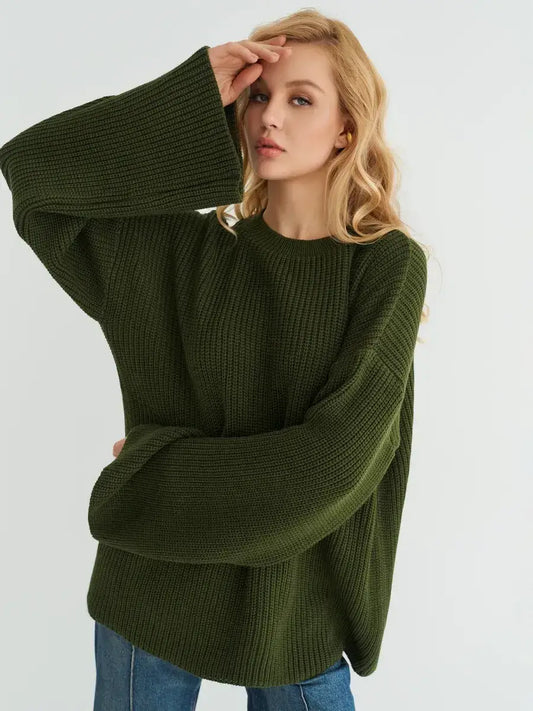 Olive Sweater by Lauven, oversized knit in deep khaki with ribbed texture and wide sleeves, perfect for cozy style.