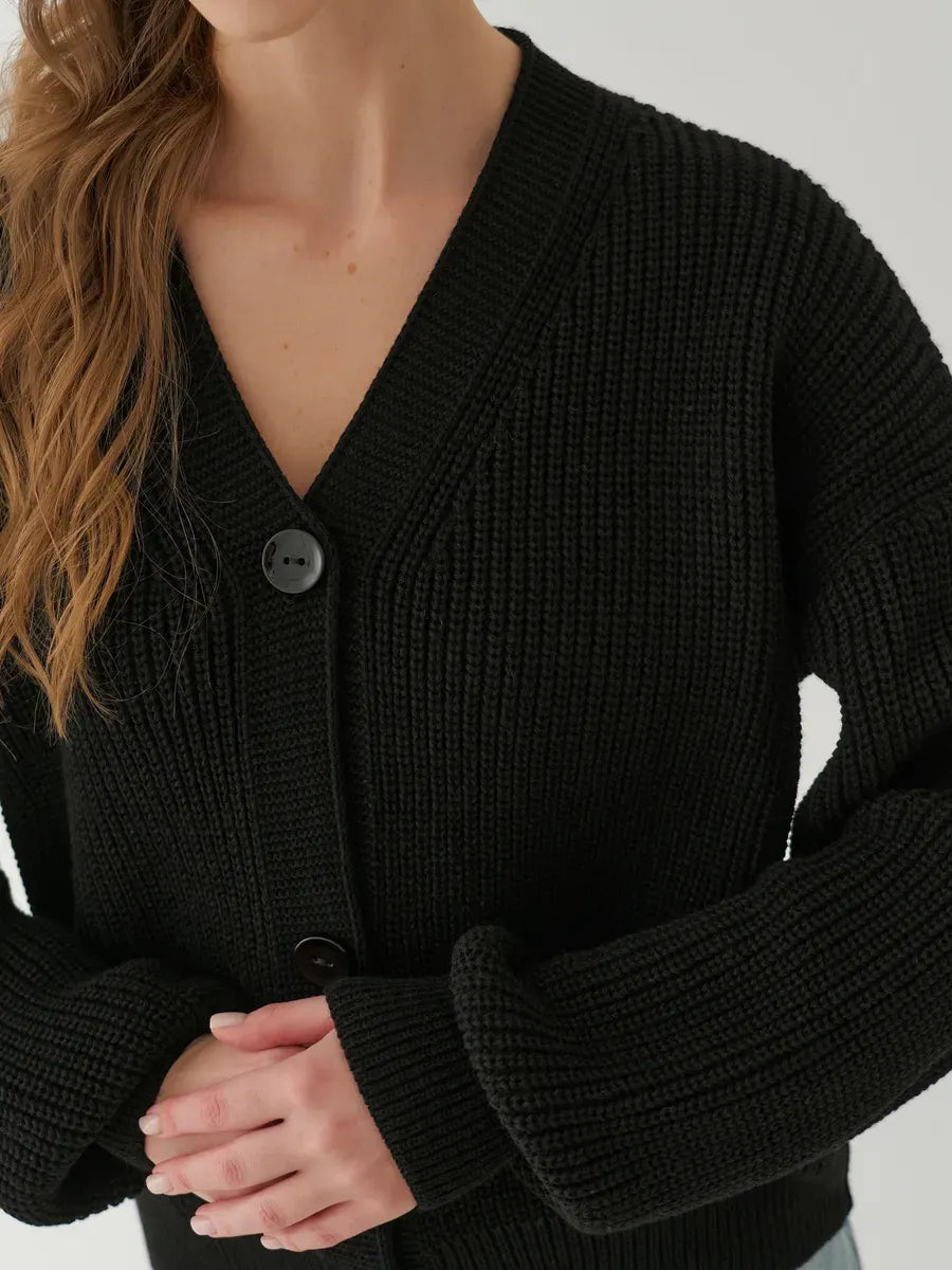 Onyx Cardigan by Lauven – Elegant oversized black knitwear with button-front design, perfect for any stylish wardrobe.