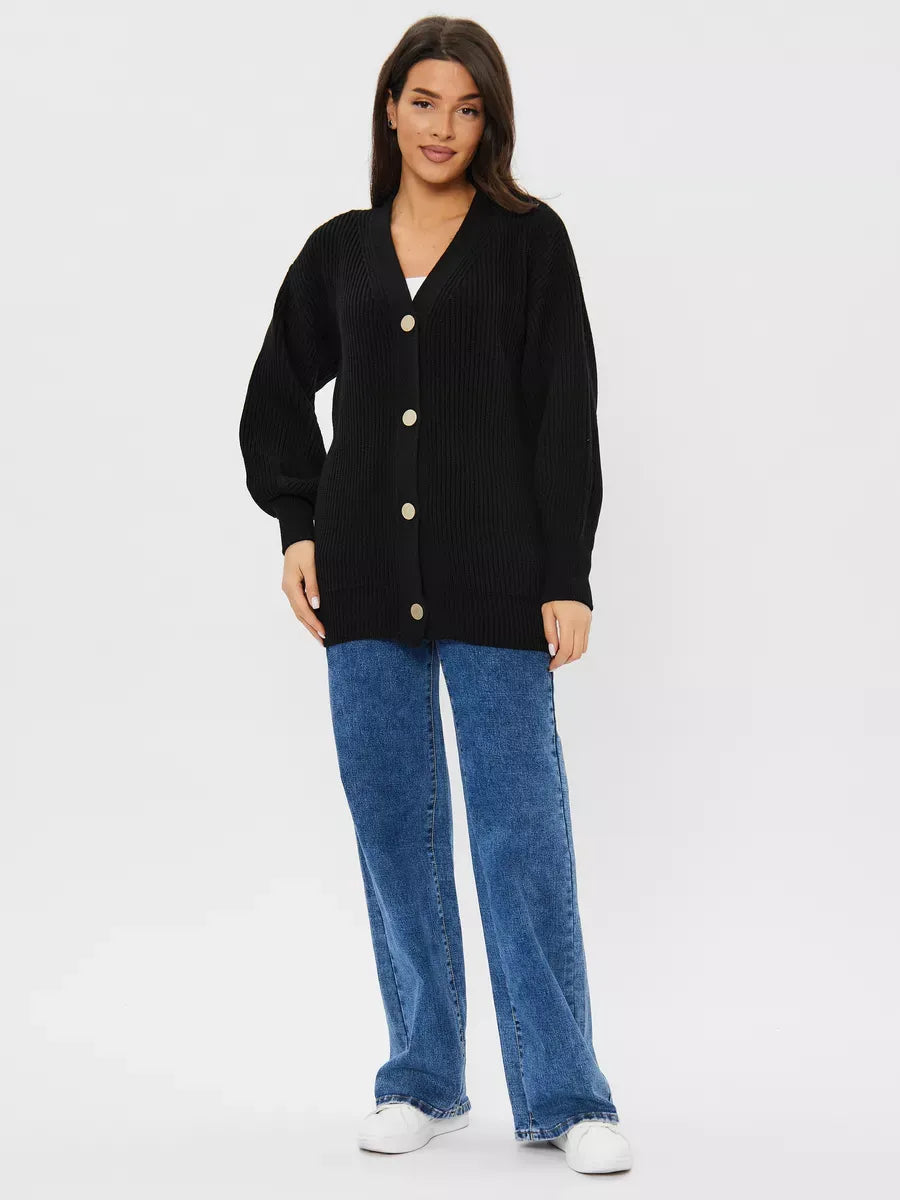 Onyx Cardigan by Lauven, oversized wool blend knitwear in black, featuring a relaxed fit and buttons.