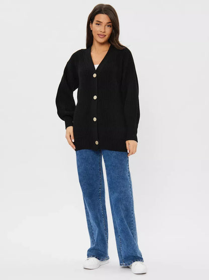 Onyx Cardigan by Lauven, oversized wool blend knitwear in black, featuring a relaxed fit and buttons.