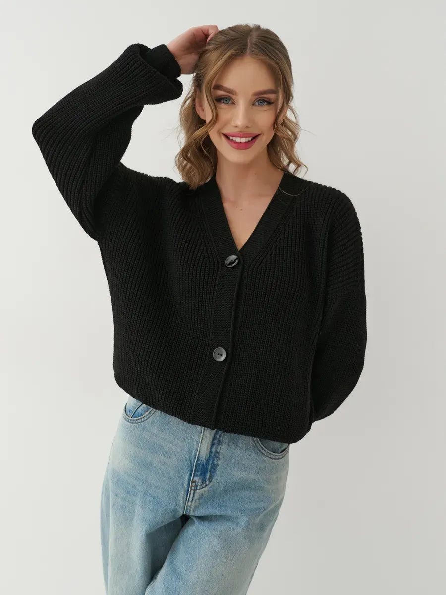 Onyx Cardigan by Lauven – Elegant oversized black knitwear featuring a button-front design, perfect for modern women's style.